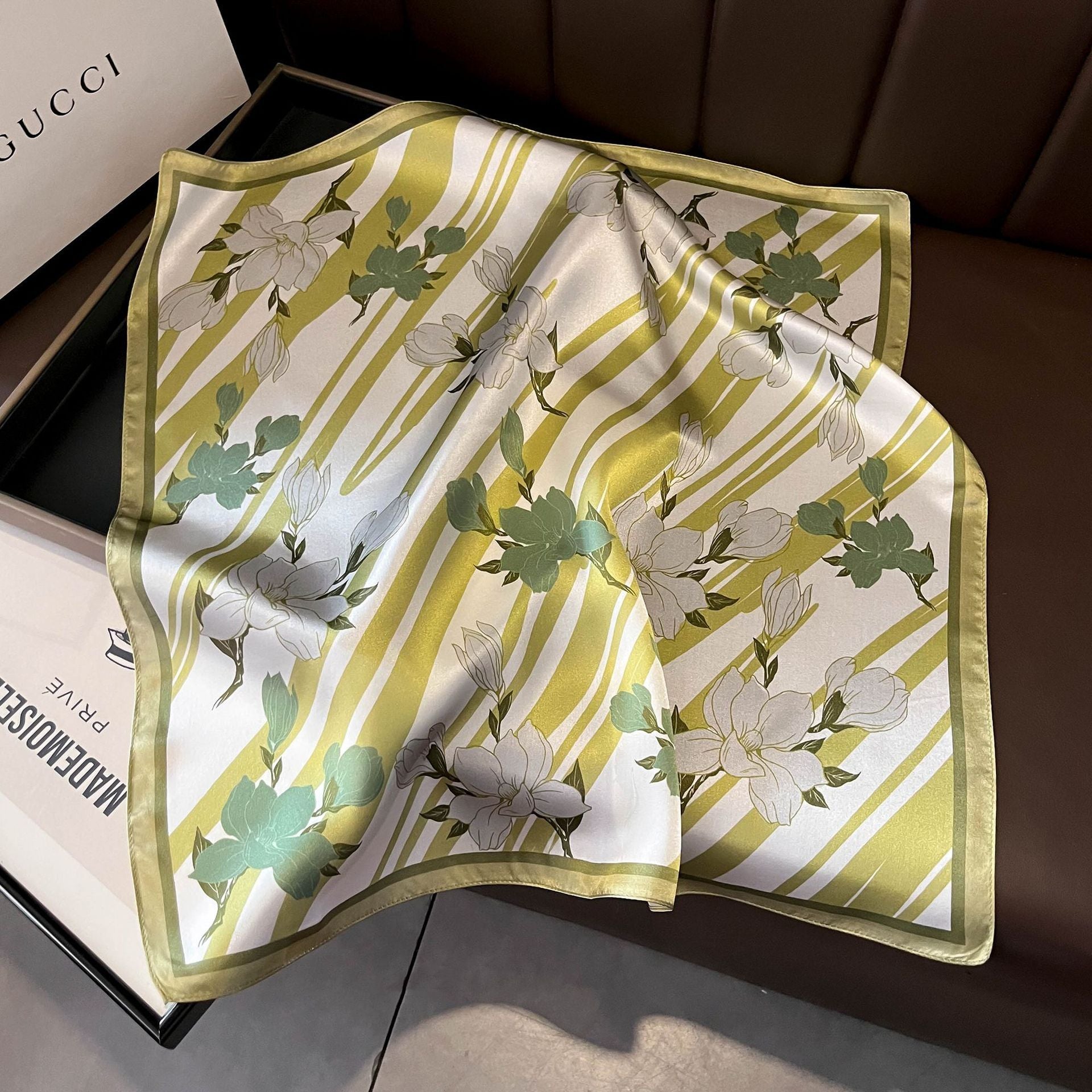 Green Flowers 53cm Silk Scarf - 100% Mulberry Silk, Floral Print, Women's Square Scarf Shawl (Style 2)