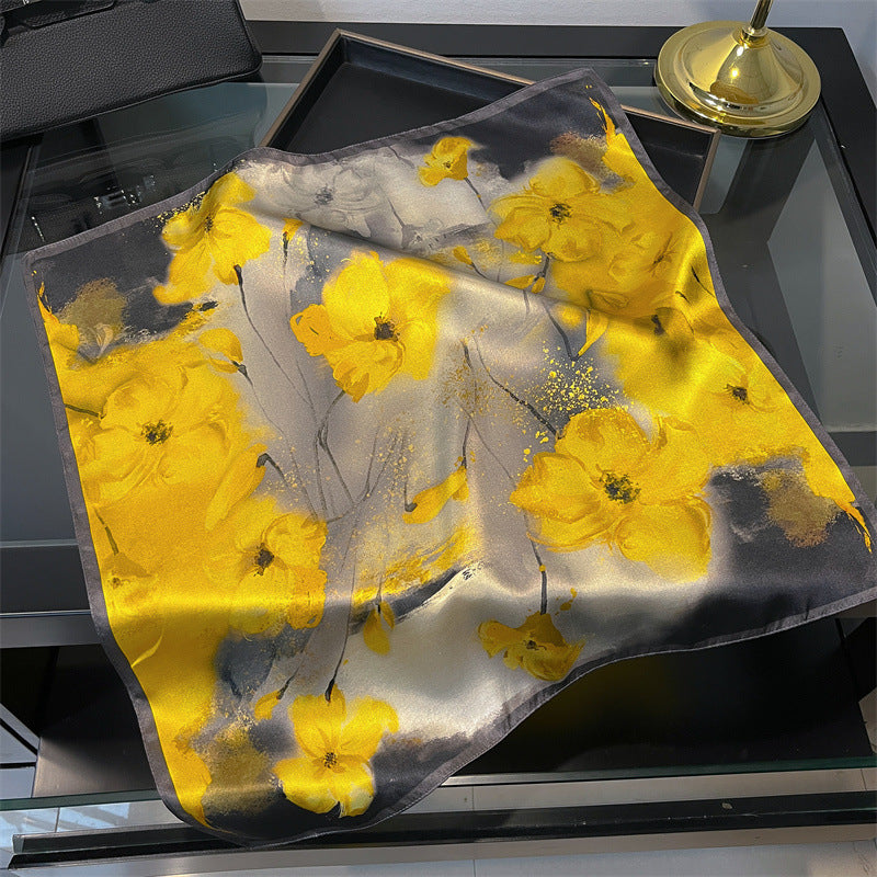 Yellow Flower Black Background 53cm Silk Scarf - 100% Mulberry Silk, Floral Print, Women's Square Scarf Shawl (Style 5)