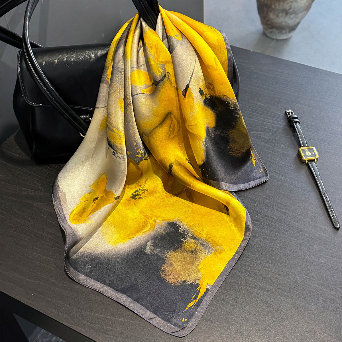 Yellow Flower Black Background 53cm Silk Scarf - 100% Mulberry Silk, Floral Print, Women's Square Scarf Shawl (Style 5)
