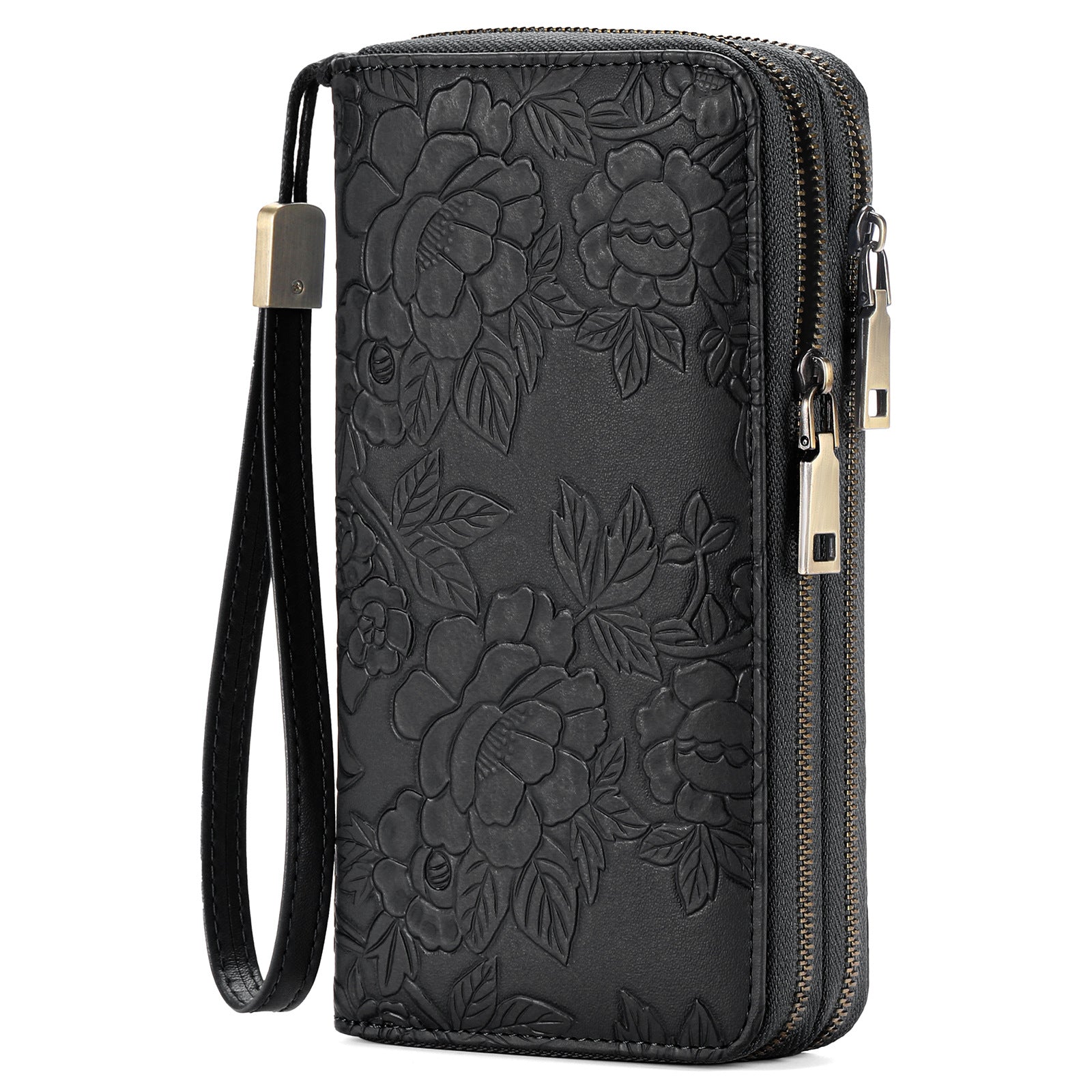 Black Embossed Design Large Capacity Vegan Leather Wallet with Wristlet