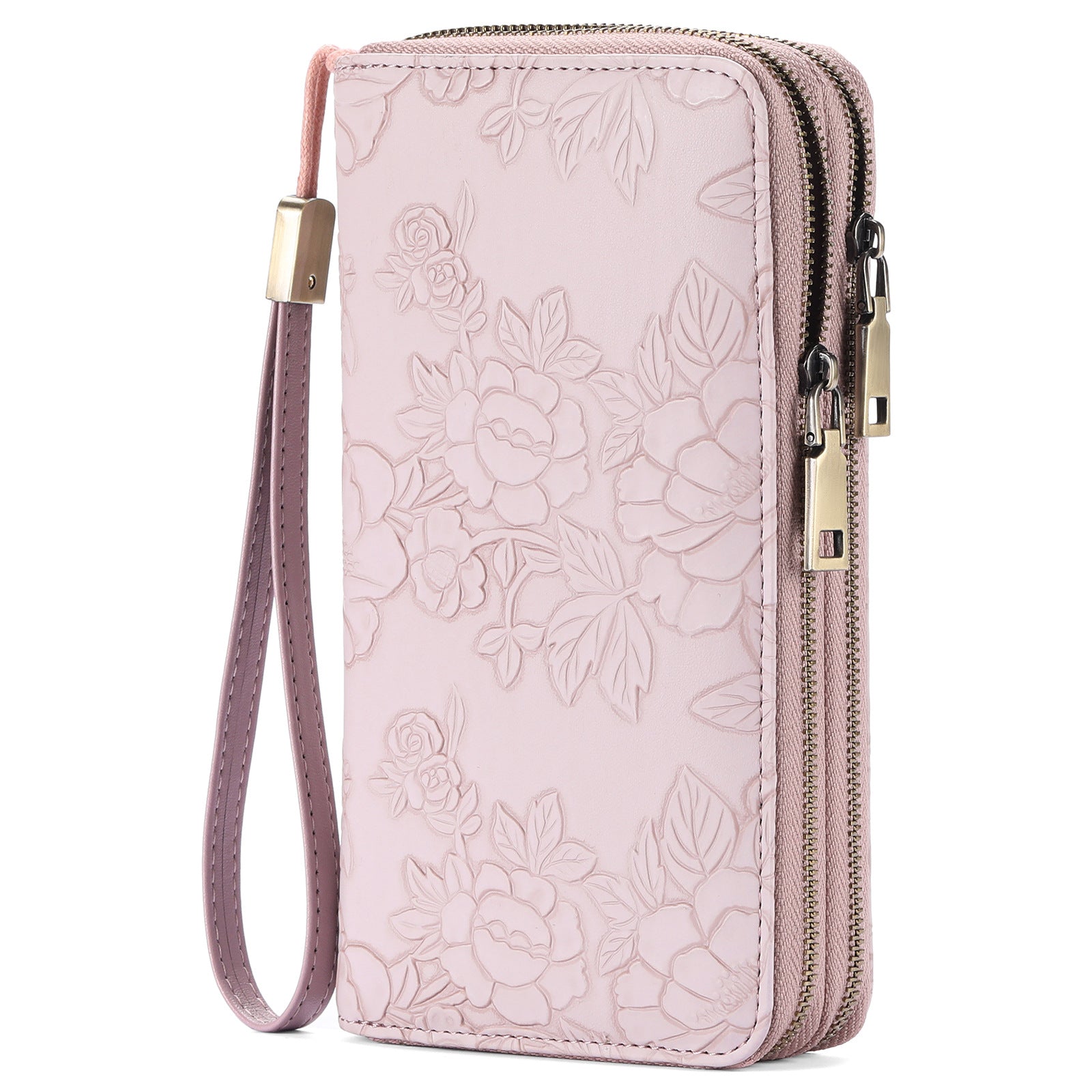 Pink Embossed Design Large Capacity Vegan Leather Wallet with Wristlet