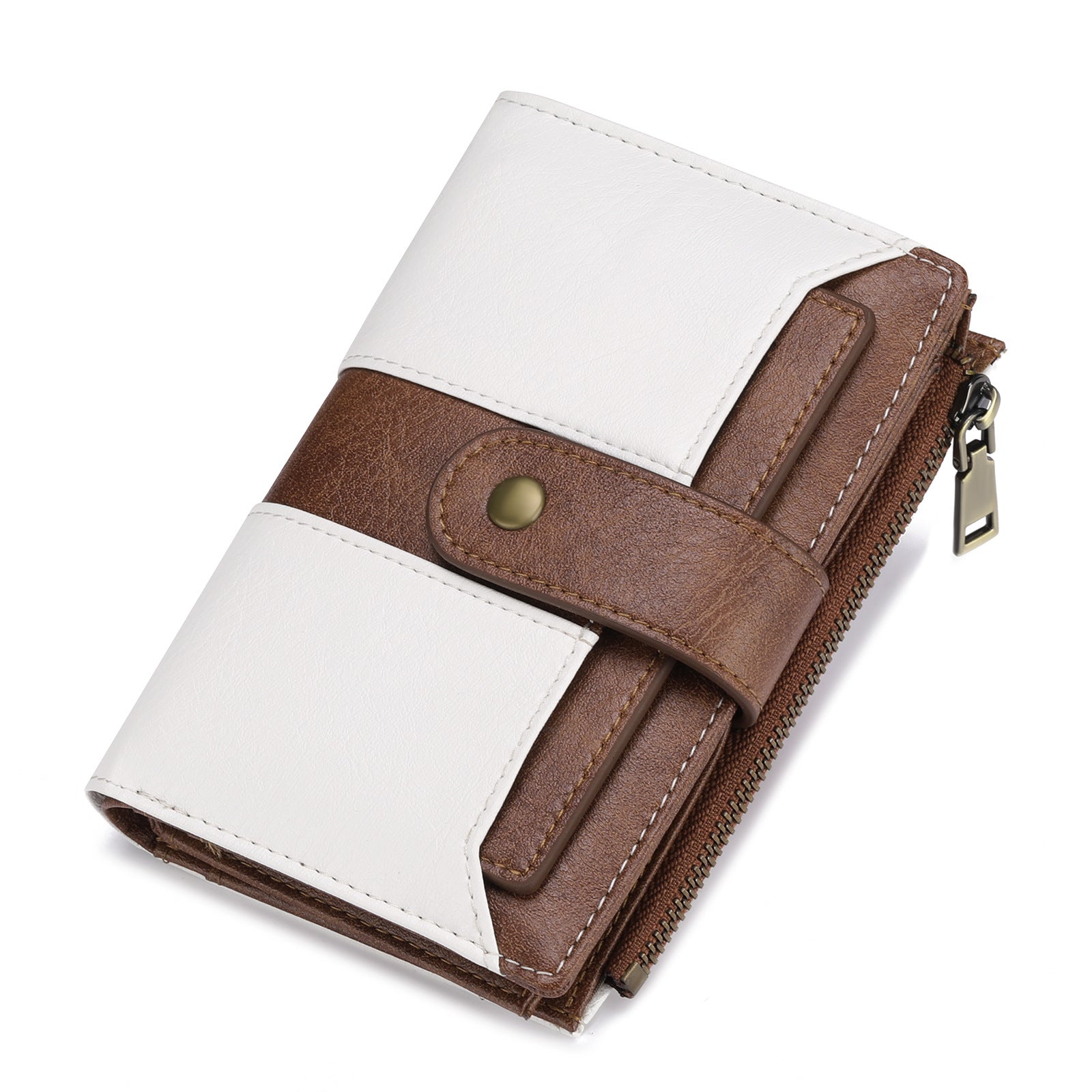 White And Brown Compact Leather Wallet with 20 Card Slots & Zipper Coin Pocket