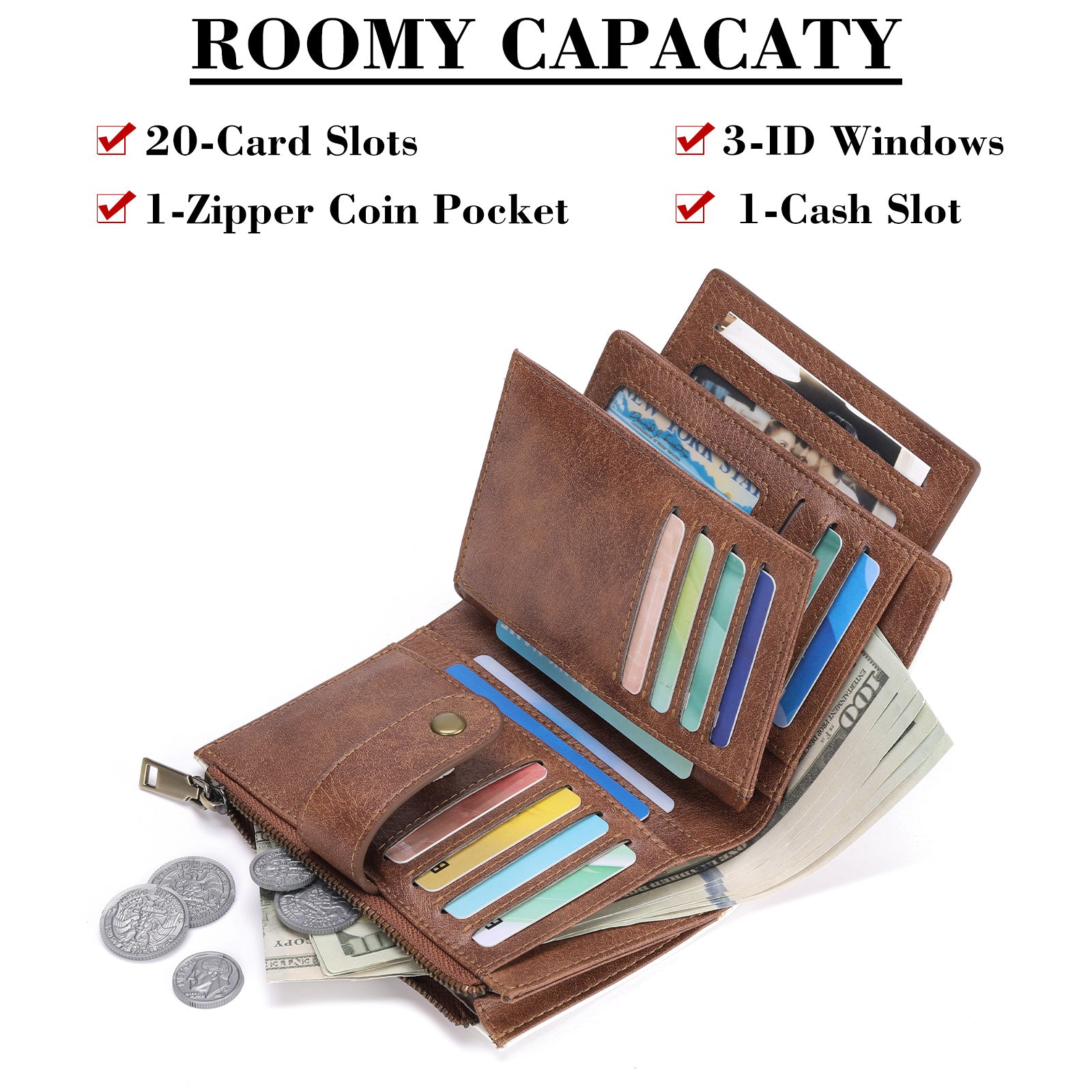 White And Brown Compact Leather Wallet with 20 Card Slots & Zipper Coin Pocket