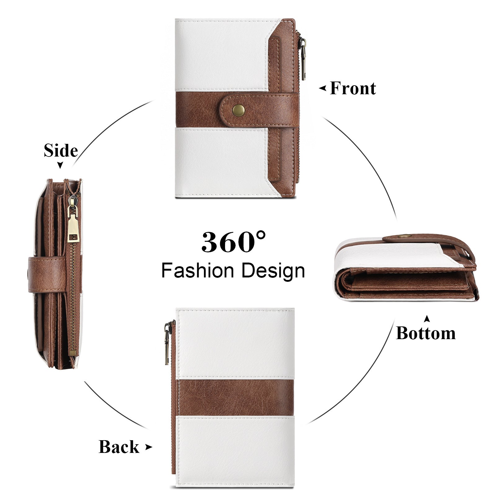 White And Brown Compact Leather Wallet with 20 Card Slots & Zipper Coin Pocket