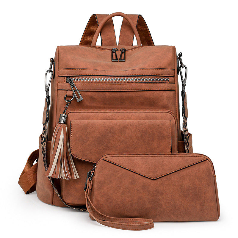 Brown Fashionable Women's Backpack Set - With Coin Purse and Tassels