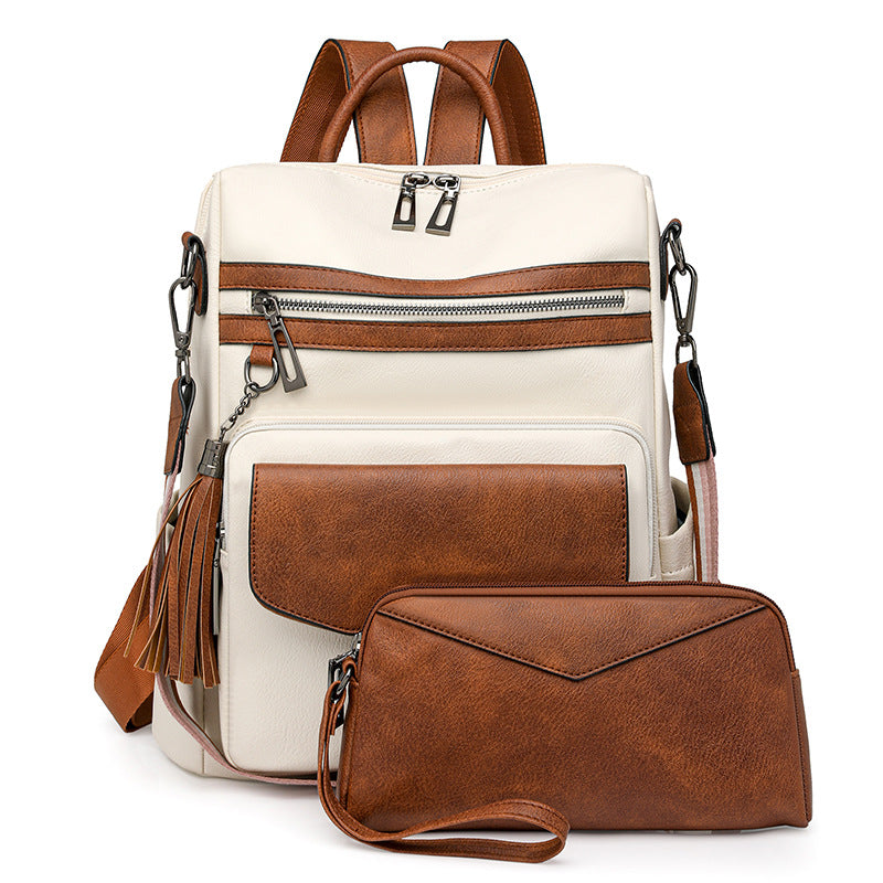 White With Brown Fashionable Women's Backpack Set - With Coin Purse and Tassels