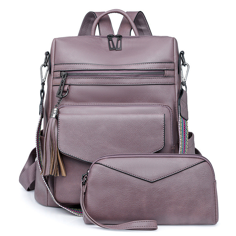 Purple Fashionable Women's Backpack Set - With Coin Purse and Tassels