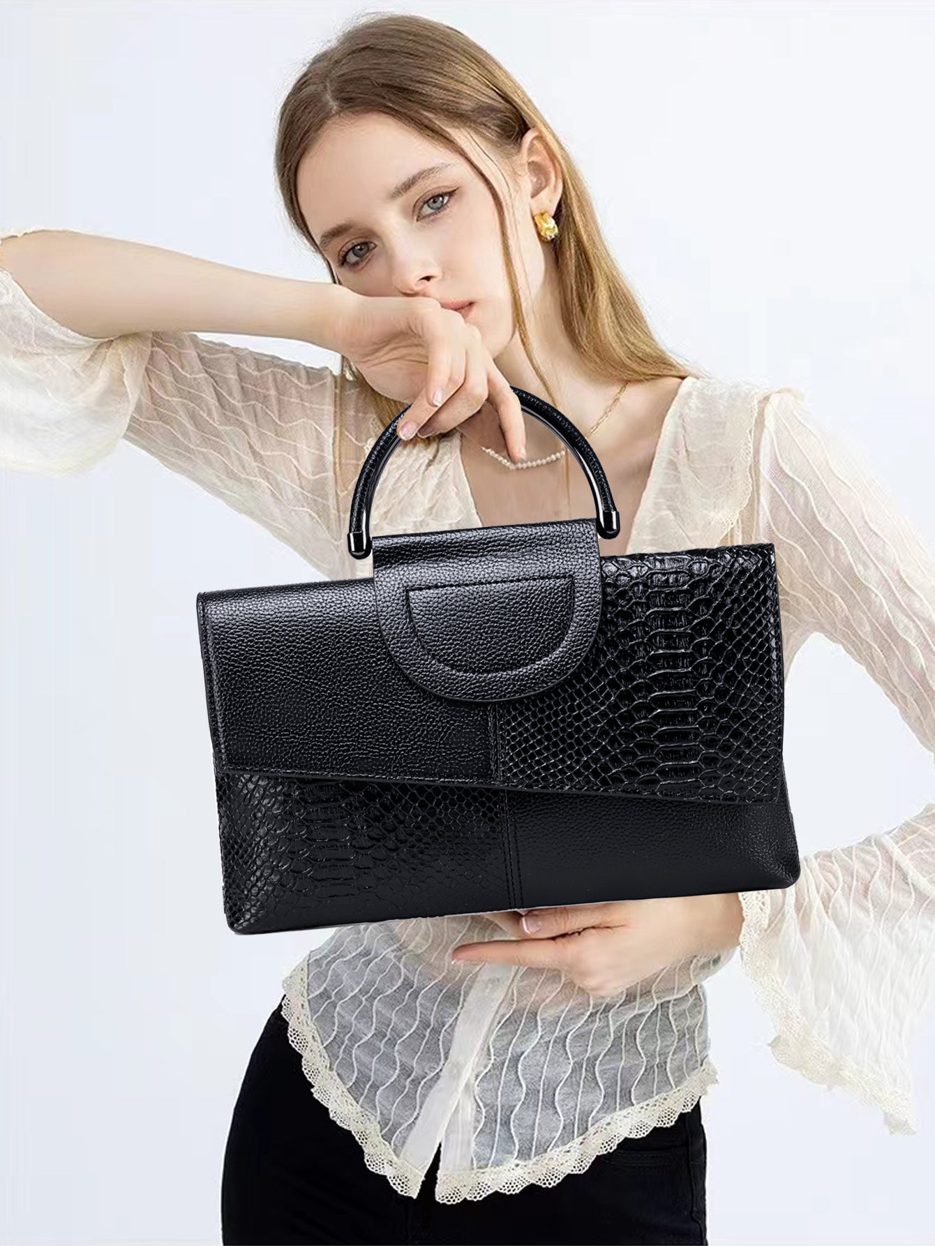 Black Elegant crocodile embossed clutch - with metal top handle and shoulder strap