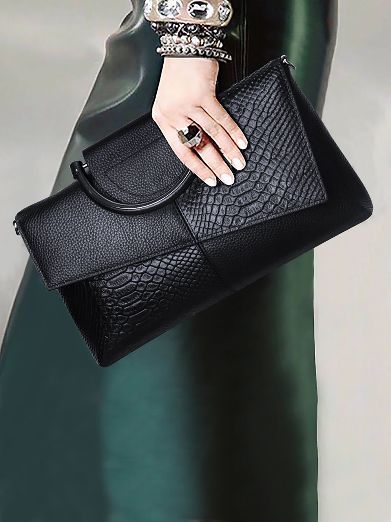 Black Elegant crocodile embossed clutch - with metal top handle and shoulder strap