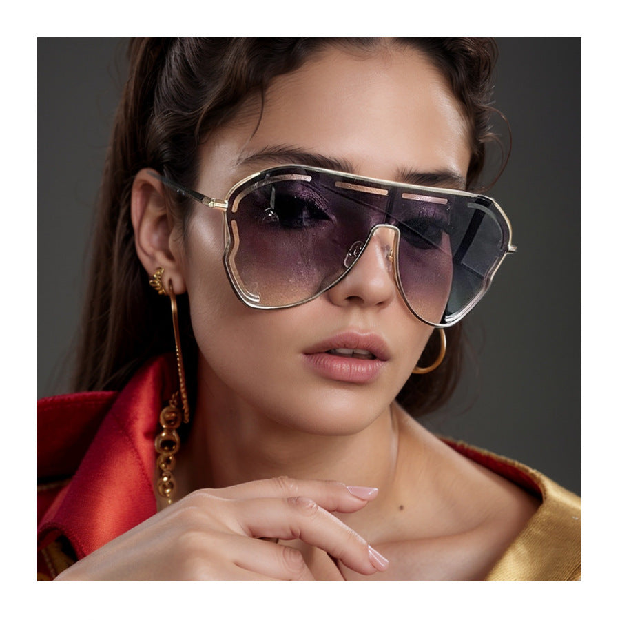2-PCS Gold frame double gray film Oversized Aviator Sunglasses - Unique Cutout Design
