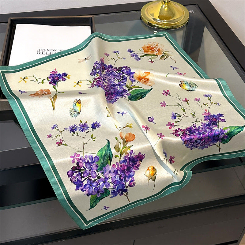 Purple flowers Women's silk scarves, accessories for all seasons