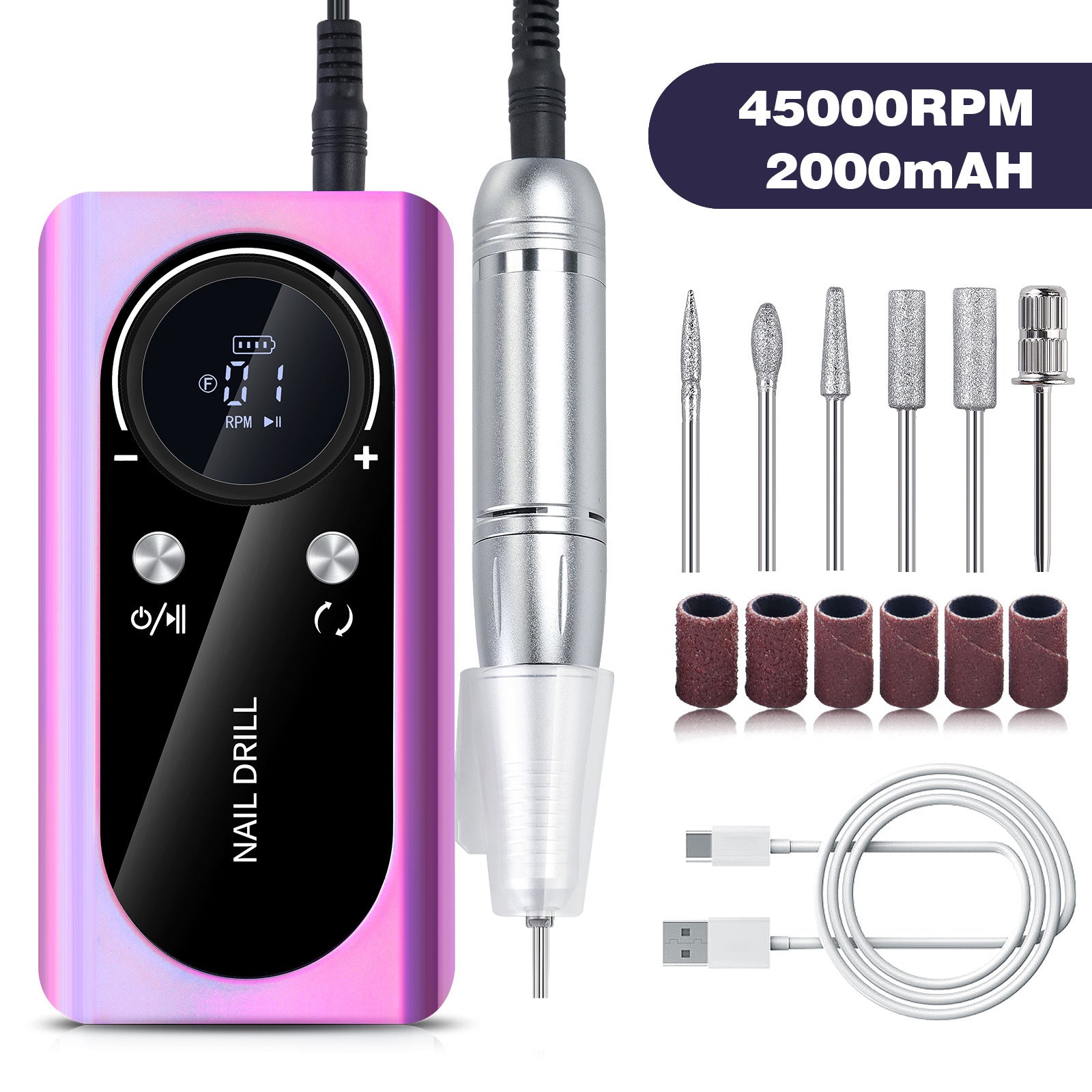 Purple Professional 45000RPM Rechargeable Nail Drill - Portable Electric Nail File for Manicure & Pedicure