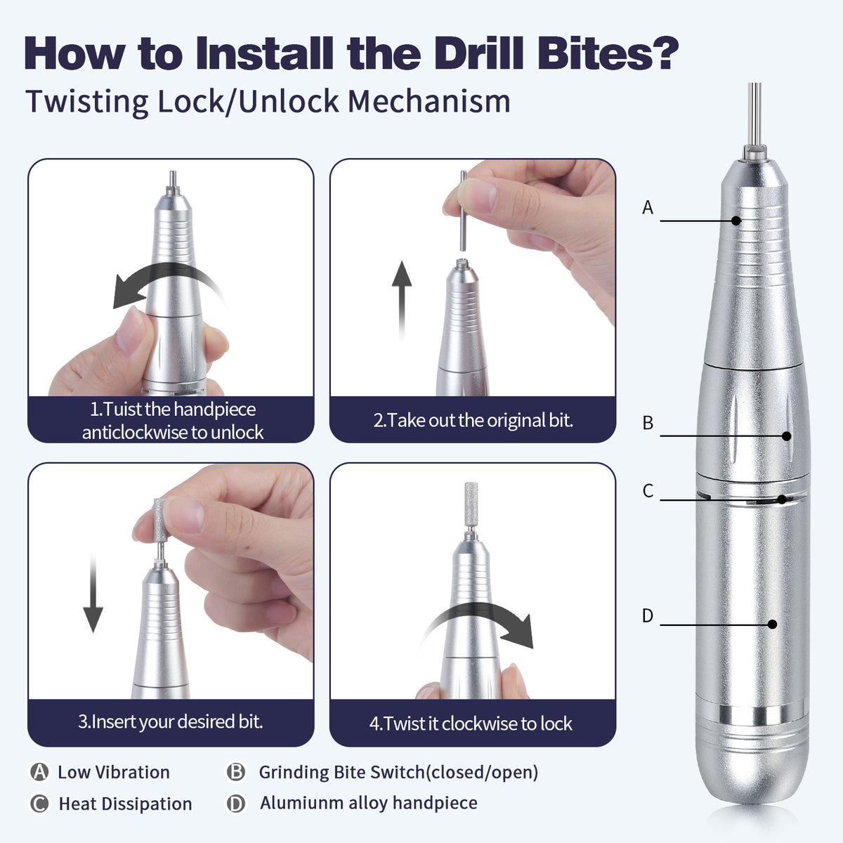 Pink+Blue Portable Electric Nail Drill - Rechargeable, Adjustable Speed, Low Vibration