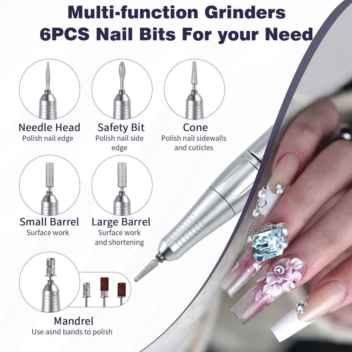 Pink+Blue Portable Electric Nail Drill - Rechargeable, Adjustable Speed, Low Vibration