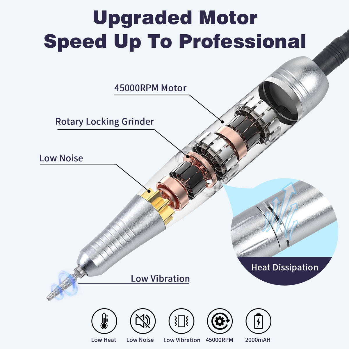 Pink+Blue Portable Electric Nail Drill - Rechargeable, Adjustable Speed, Low Vibration