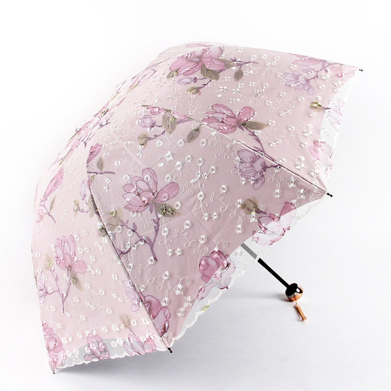 Pink Elegant Lace Parasol - UV Protection, Sun & Rain Umbrella, Tri-Fold Design