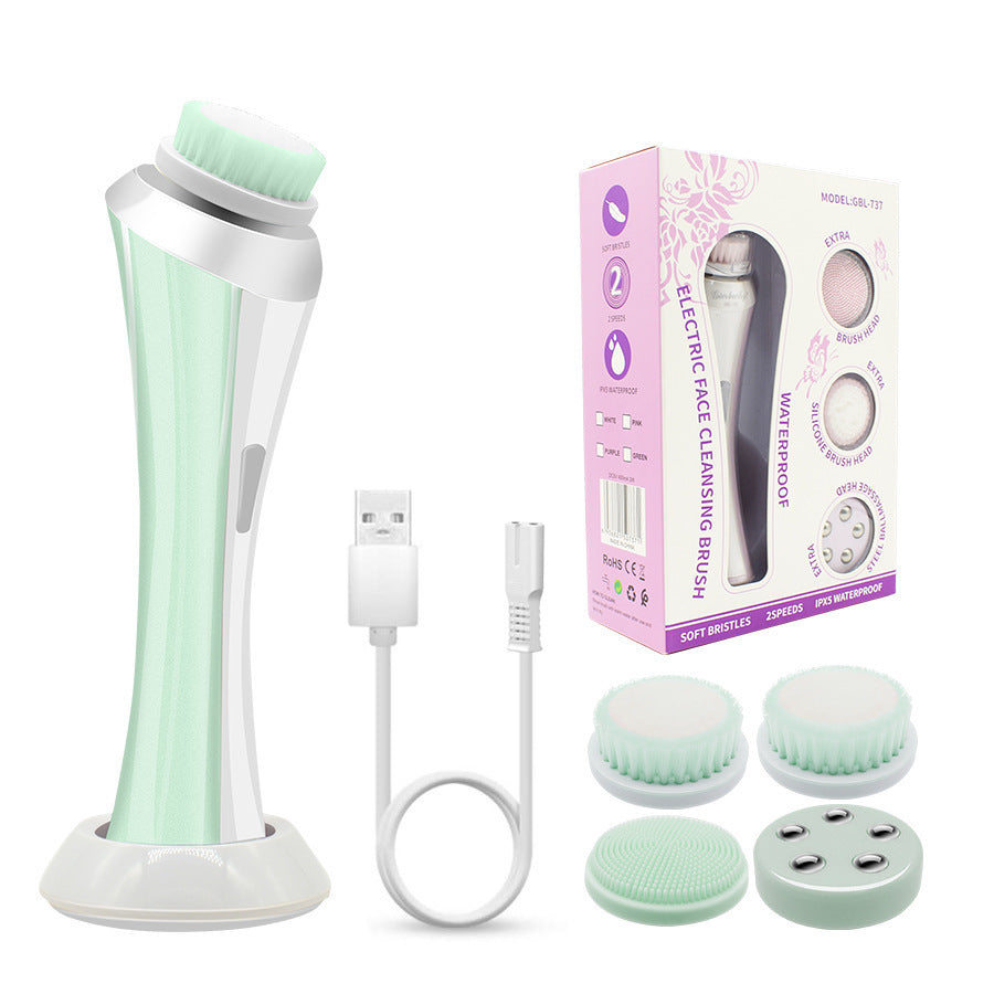 Green Rechargeable Facial Cleansing Brush Kit with 4 Heads & Charging Dock