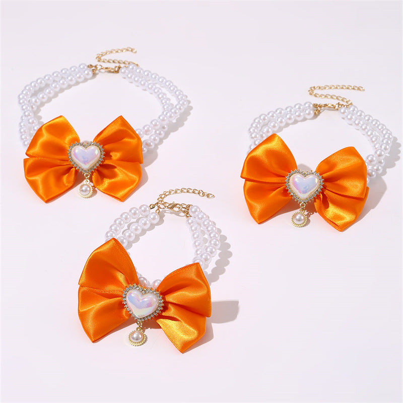 2 - PCS Cute Pet Pearl Necklace Collar with Orange Bow and Heart Charm - Size M