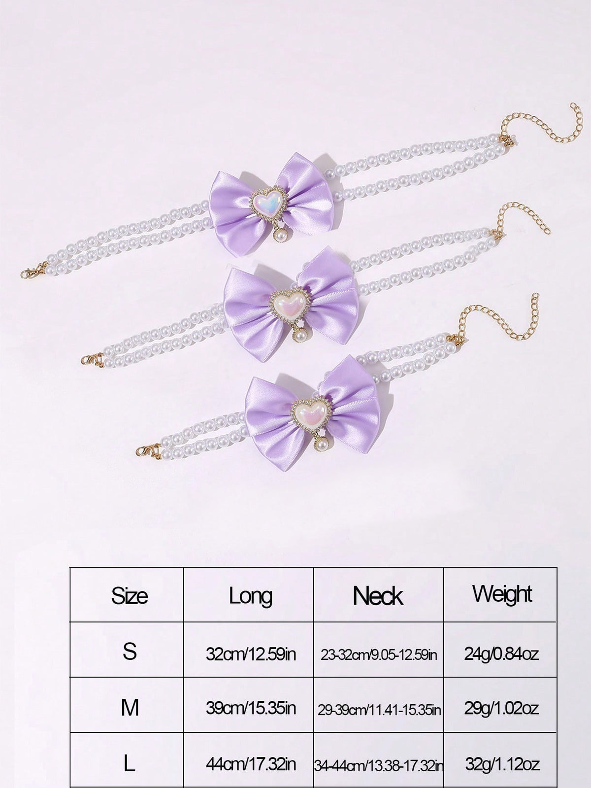 2 - PCS Cute Pet Pearl Necklace Collar with Purple Bow and Heart Charm - Size M