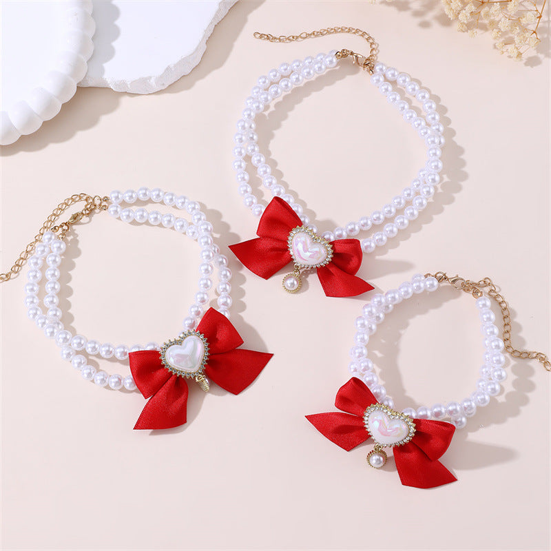 2 - PCS Cute Pet Pearl Necklace Collar with Red Bow and Heart Charm - Size L