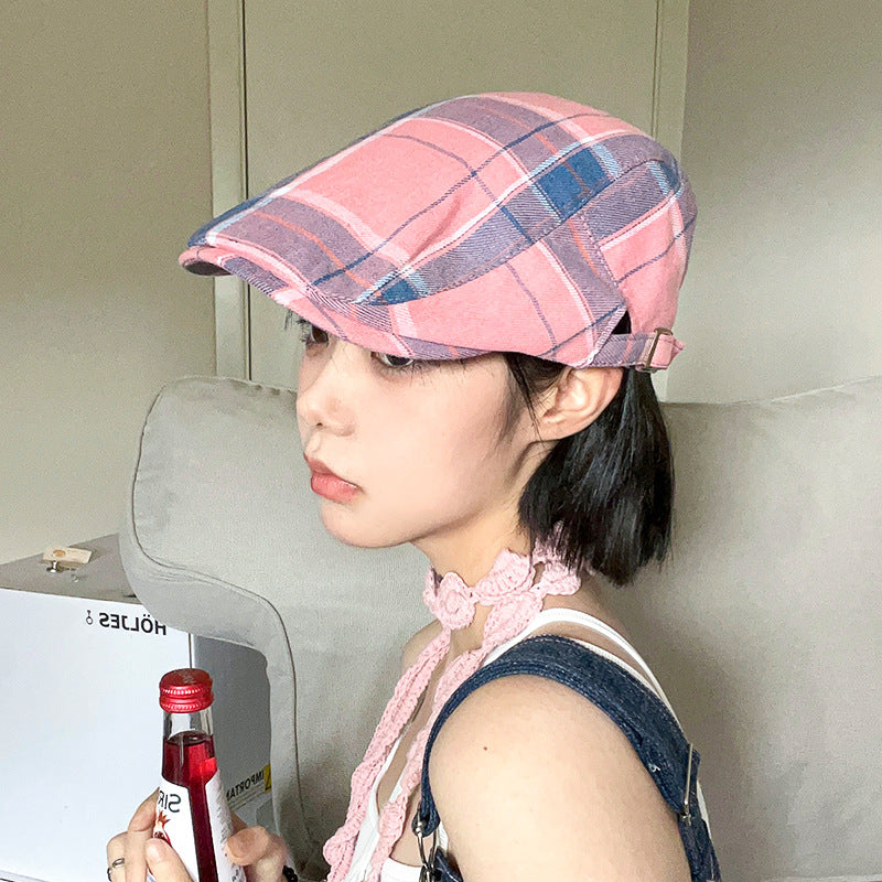 2-PCS Pink Lightweight Checkered Flat Cap - Adjustable Retro Driver Hat for Men & Women