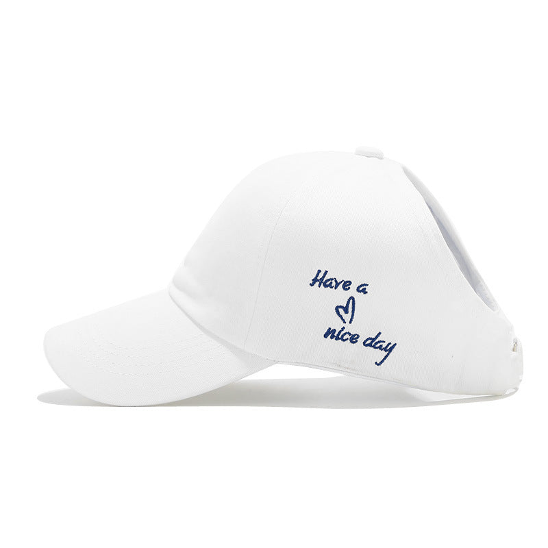 White Stylish Ponytail Opening Baseball Cap - Have a Nice Day" Embroidery"