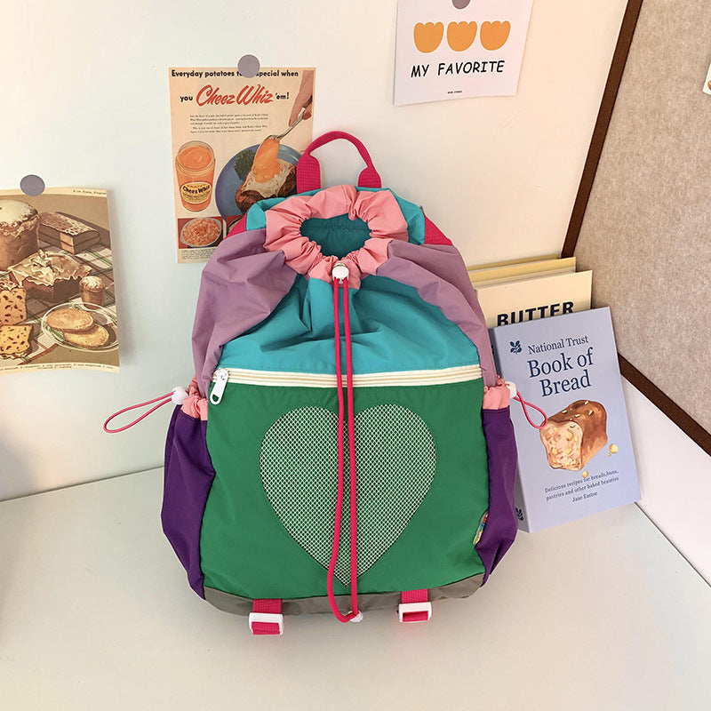 Green Colorblock Drawstring Backpack - Lightweight Nylon Bag with Heart Mesh Pocket
