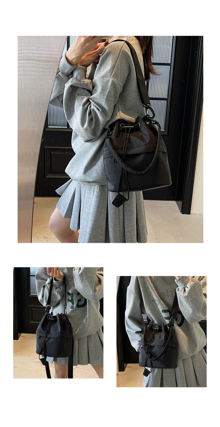 Black Casual Nylon Drawstring Bucket Bag - Adjustable Strap Crossbody Purse