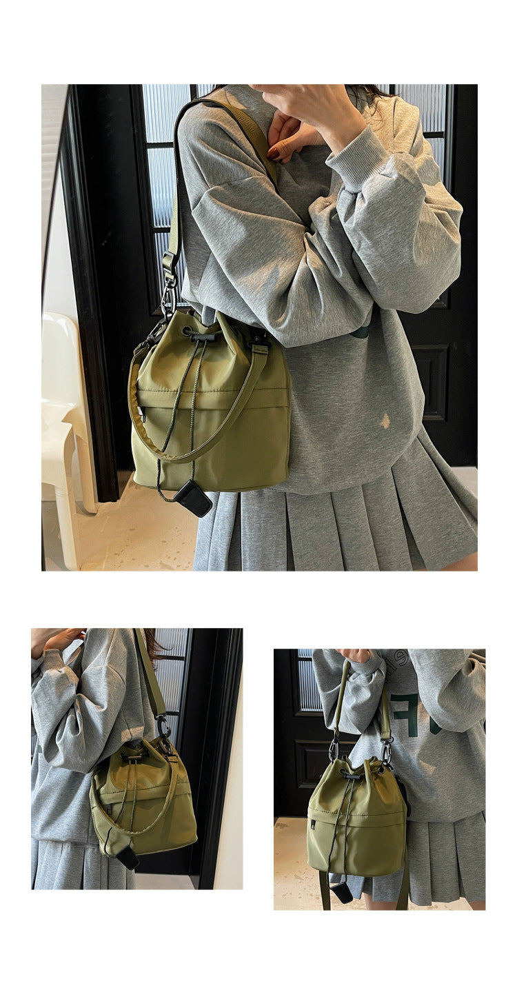 Army green Casual Nylon Drawstring Bucket Bag - Adjustable Strap Crossbody Purse