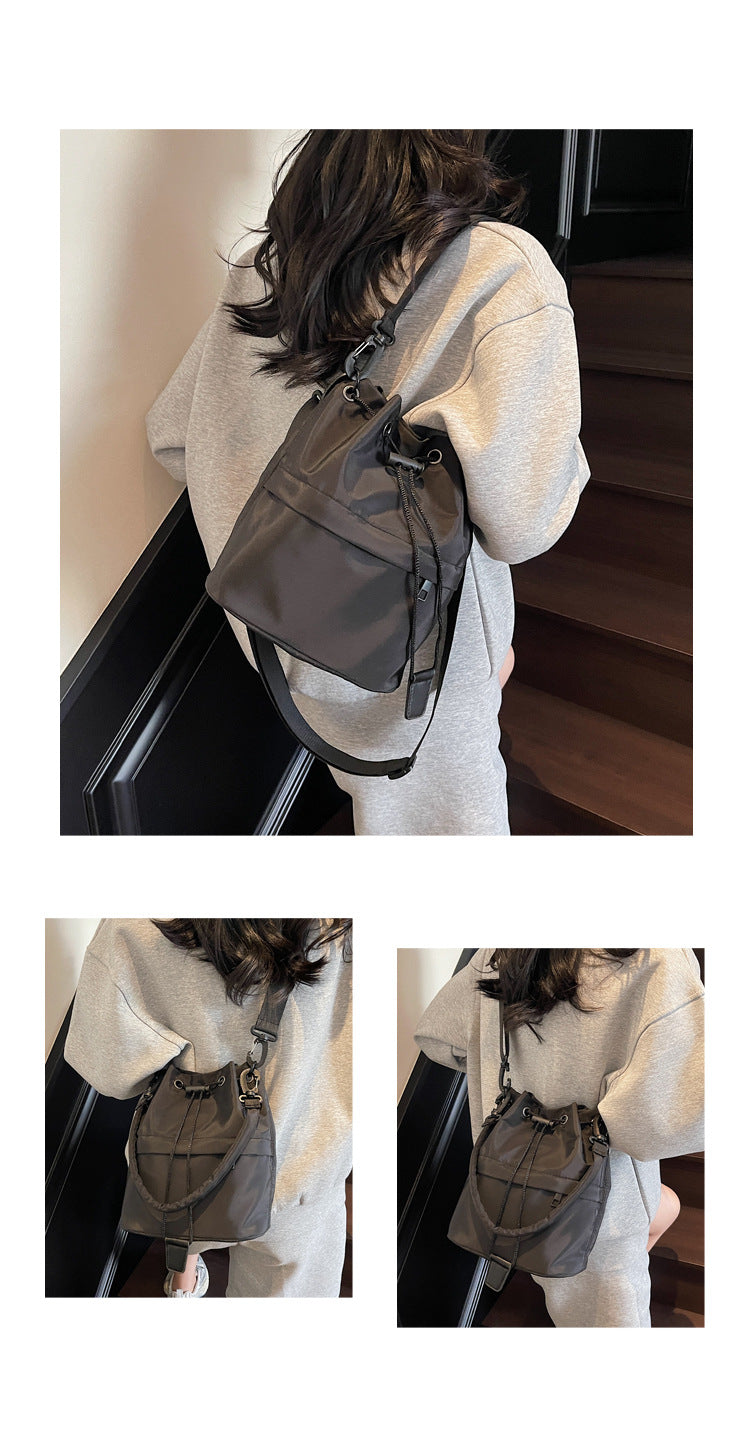 Gray Casual Nylon Drawstring Bucket Bag - Adjustable Strap Crossbody Purse