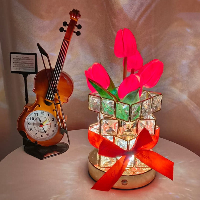 Red tulips LED Crystal Flower Table Lamp - USB Rechargeable Touch Control Night Light