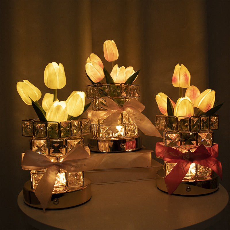 Red tulips LED Crystal Flower Table Lamp - USB Rechargeable Touch Control Night Light