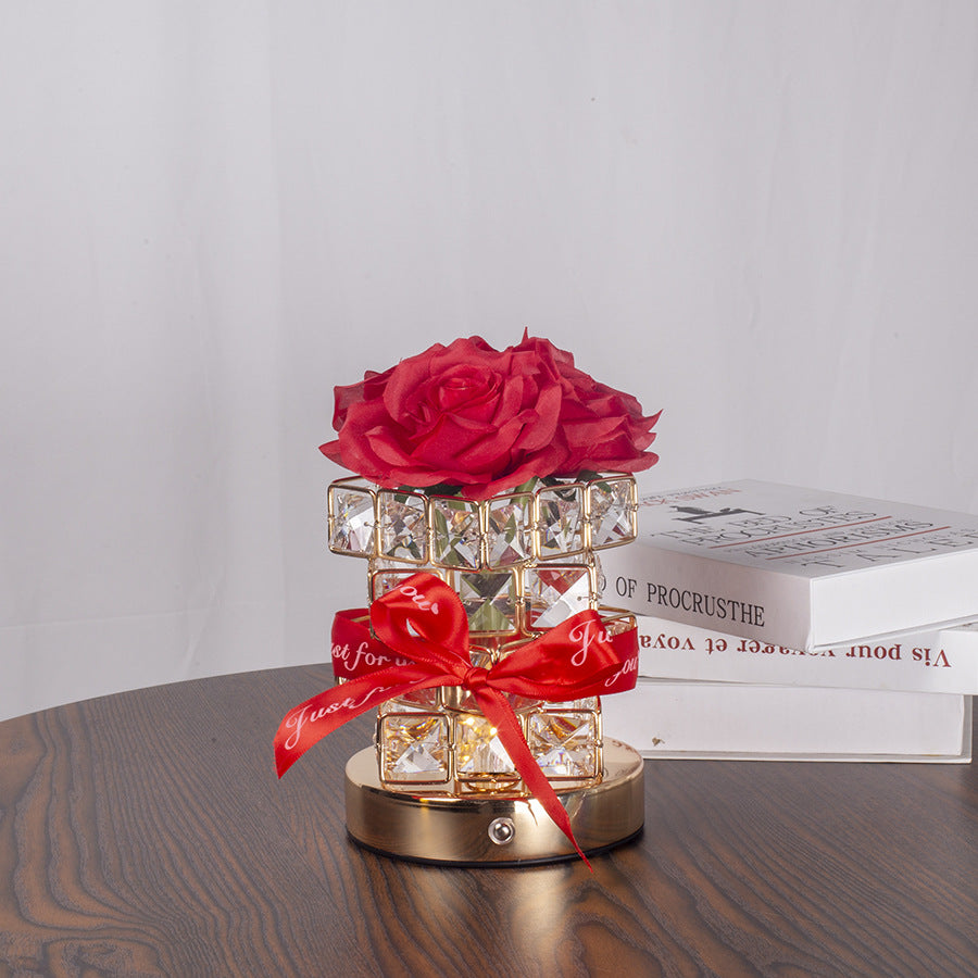 Red Rose LED Crystal Flower Table Lamp - USB Rechargeable Touch Control Night Light