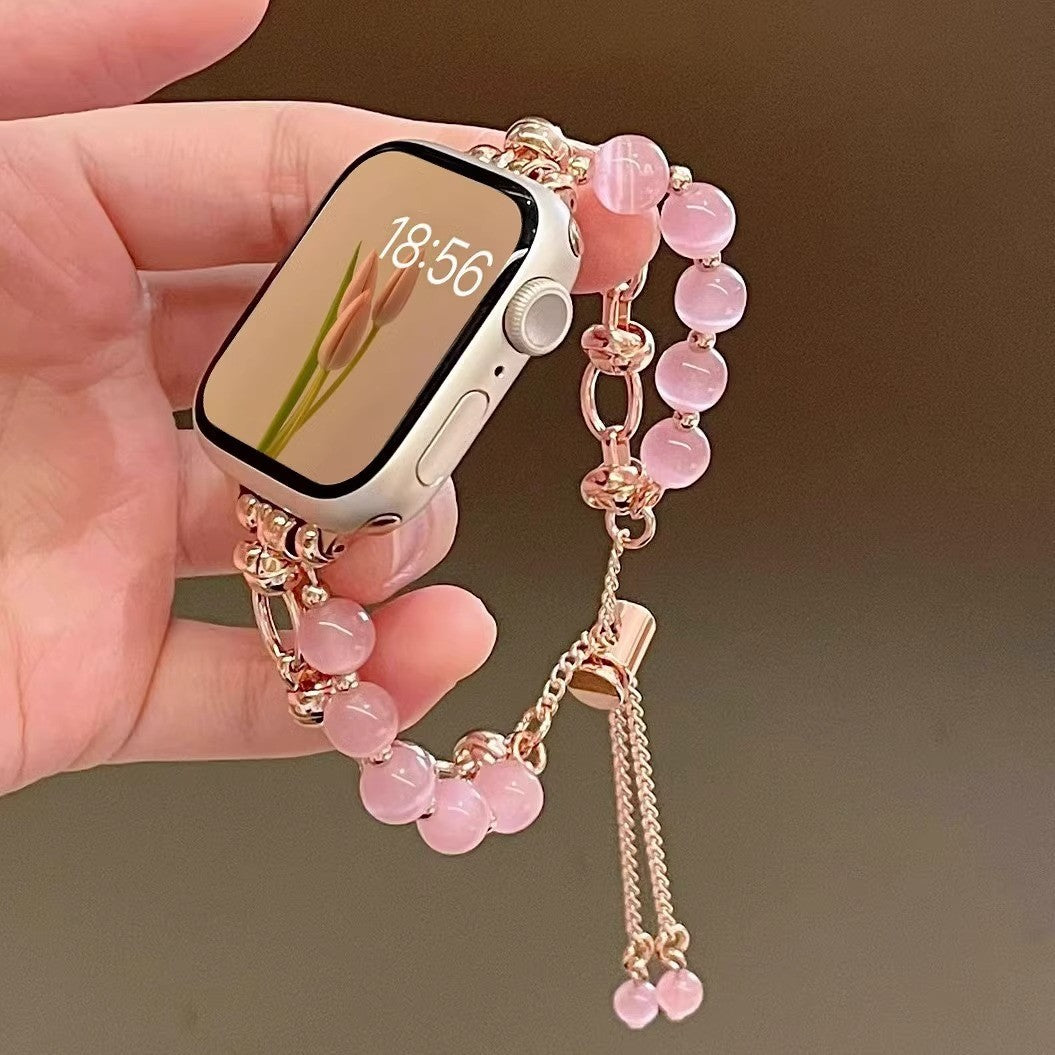 2-pcs Pink Elegant Cat's Eye Beaded Bracelet Band for Apple Watch - Women's Luxury Strap (Compatible Size :38/40/41MM )
