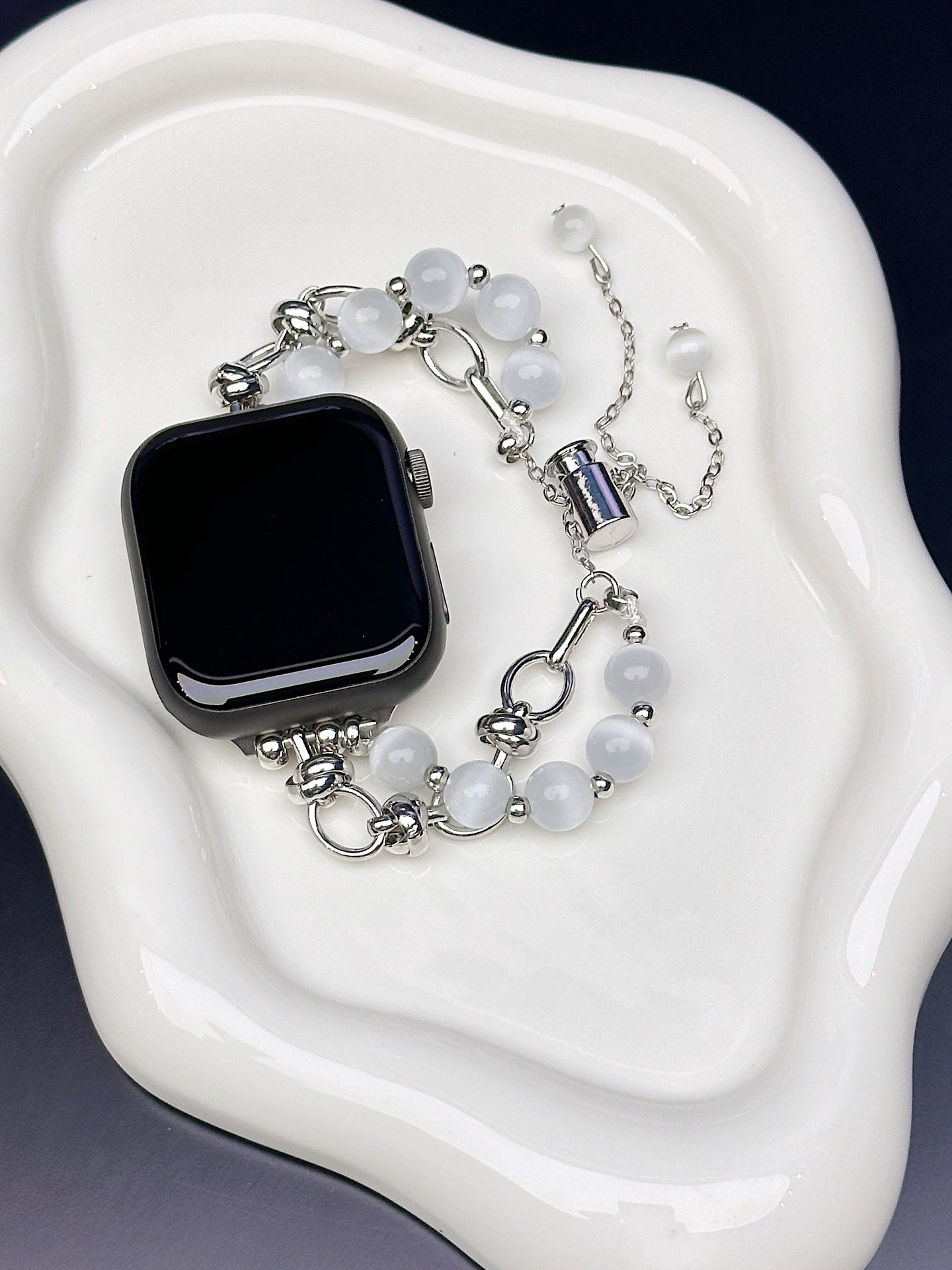 2-pcs Silver Elegant Cat's Eye Beaded Bracelet Band for Apple Watch - Women's Luxury Strap (Compatible Size :38/40/41MM )