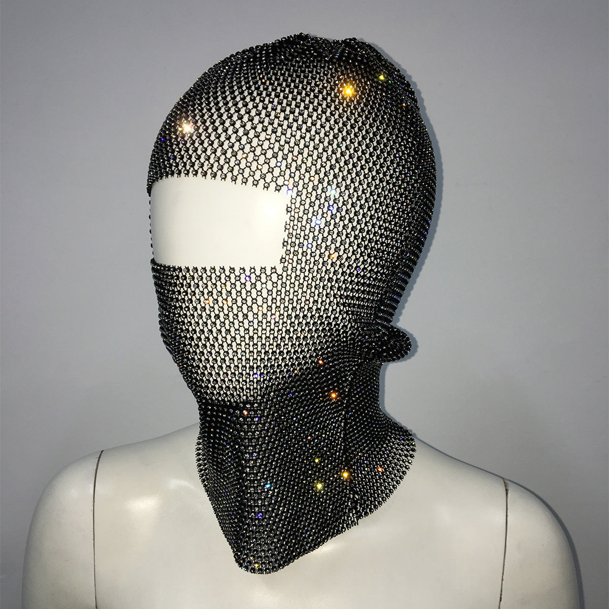 Black Glitter Rhinestone Face Balaclava - Trendy Music Festival Head Cover, 37cm