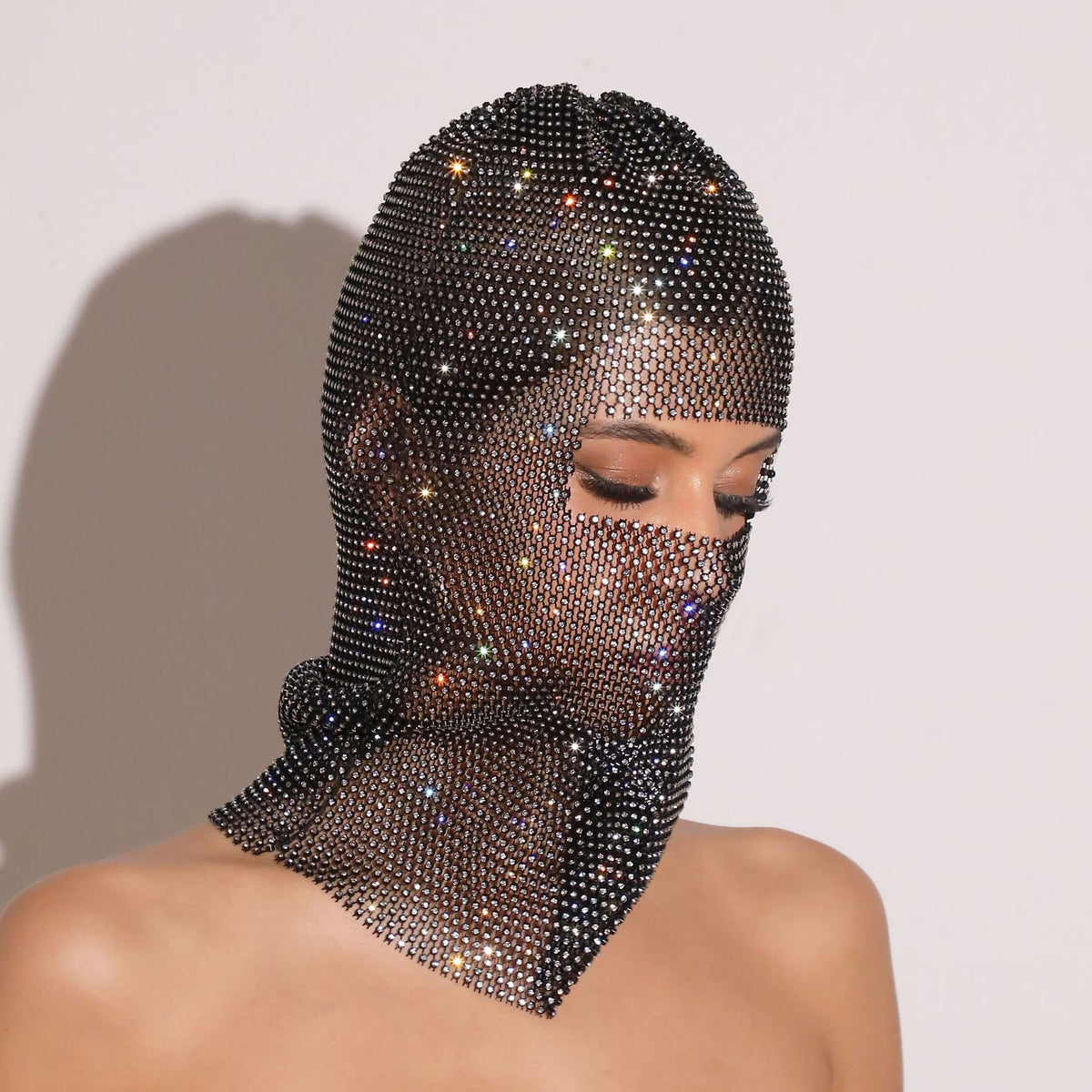Black Glitter Rhinestone Face Balaclava - Trendy Music Festival Head Cover, 37cm