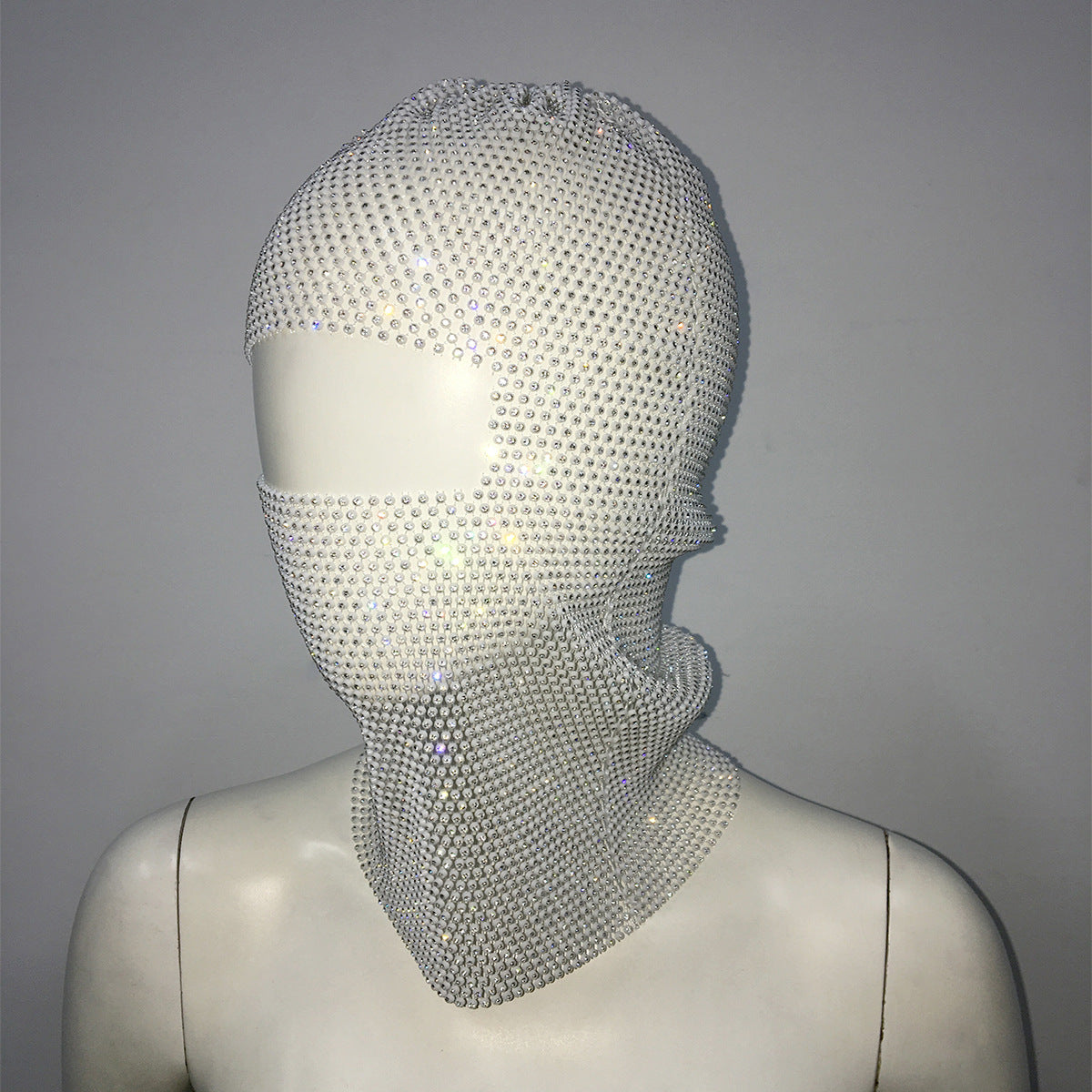 White Glitter Rhinestone Face Balaclava - Trendy Music Festival Head Cover, 37cm