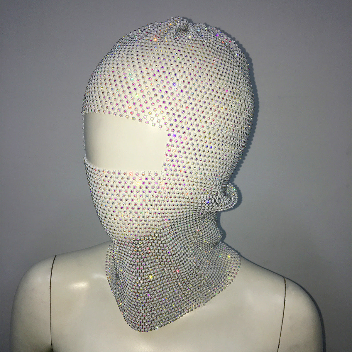 White colored diamonds Glitter Rhinestone Face Balaclava - Trendy Music Festival Head Cover, 37cm
