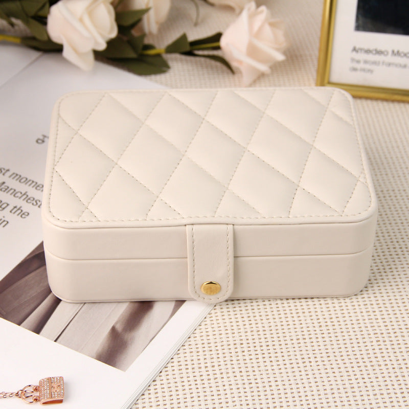 Beige Elegant Quilted PU Leather Jewelry Box - Portable Organizer for Travel & Home