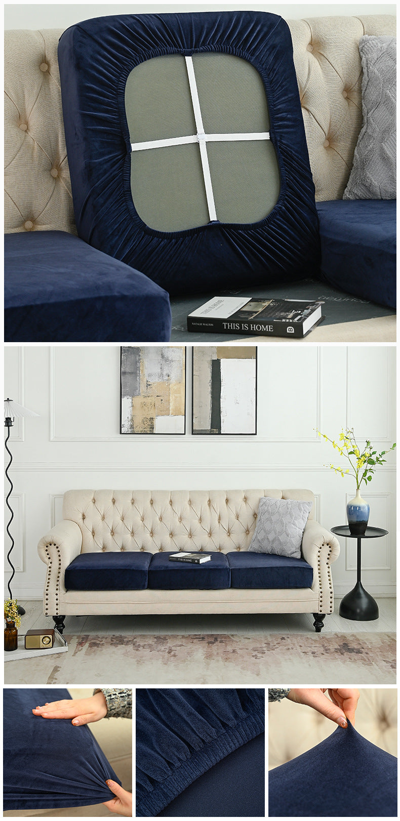 2 Pcs Navy Blue Elegant Polyester Sofa Cover - Full Protection Against Cat Scratches & Wear