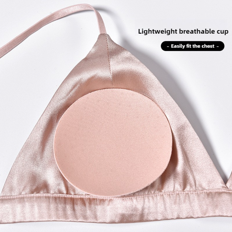 Size M White French Style Mulberry Silk Wireless Bralette - Triangle Cup Anti-Sagging Bra for Fuller Busts, Lightweight Comfort