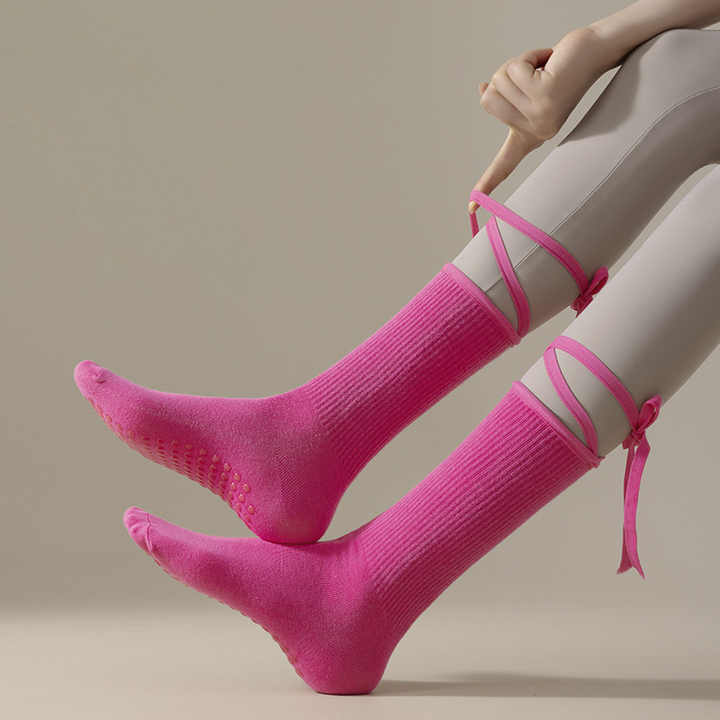 3 Pcs Pink Non-Slip Yoga Socks with Cross Straps - Cotton Pilates Dance Socks for Women, Lightweight Comfort