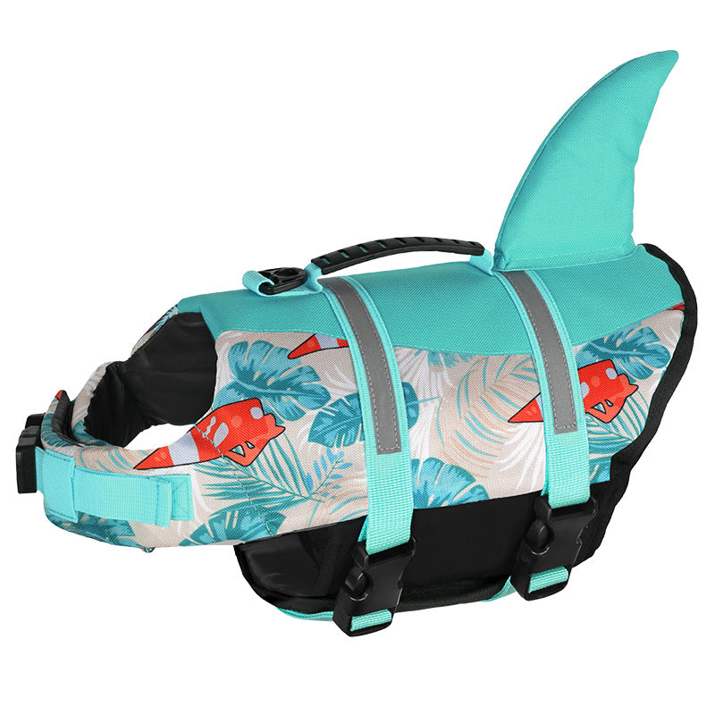 Size L Blue Sailboat Pattern Pet Life Jacket for Dogs - Summer Swimming Safety Vest with Shark Fin for Small to Large Breeds
