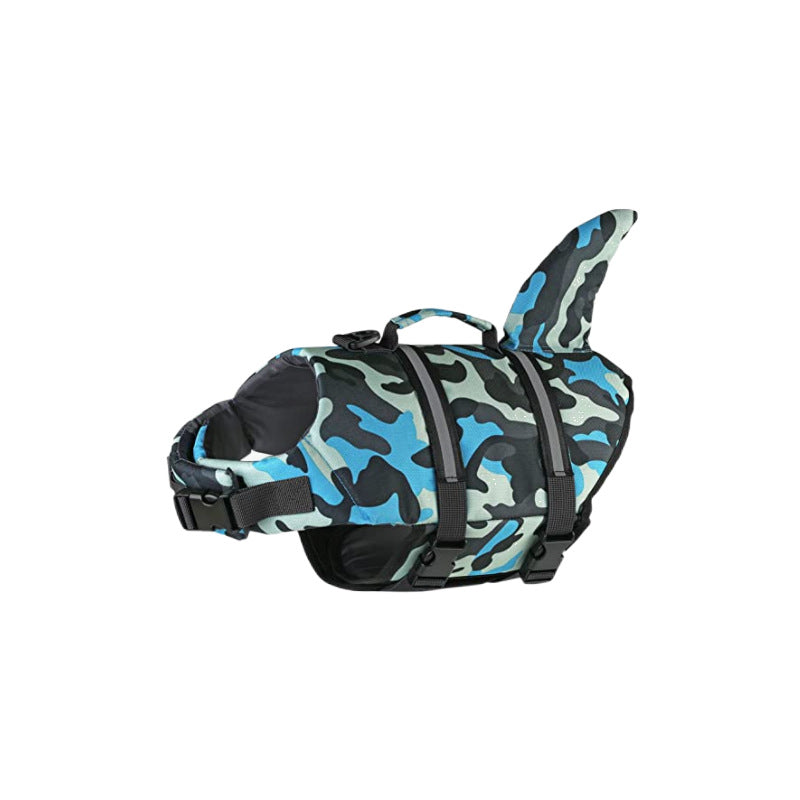 Size L Blue Camouflage Pattern Pet Life Jacket for Dogs - Summer Swimming Safety Vest with Shark Fin for Small to Large Breeds