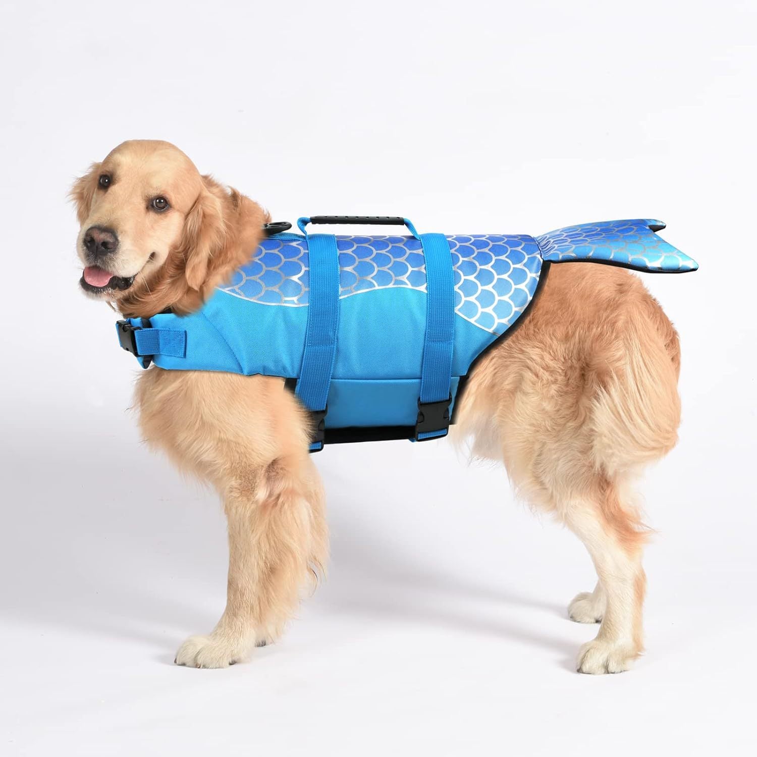 Size L Blue Scales Pattern Pet Life Jacket for Dogs - Summer Swimming Safety Vest with Shark Fin for Small to Large Breeds