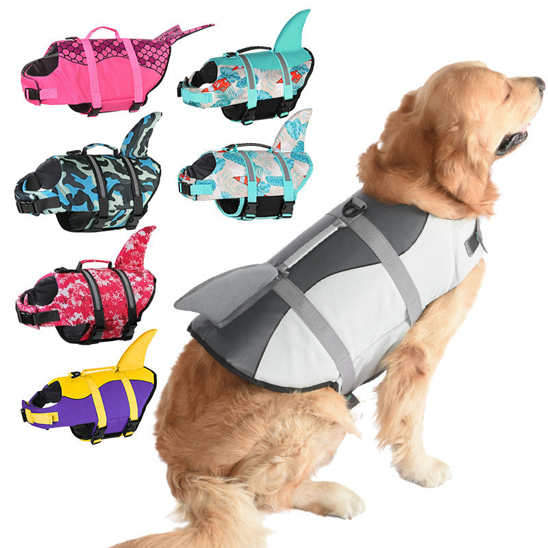 Size L Green Scales Pattern Pet Life Jacket for Dogs - Summer Swimming Safety Vest with Shark Fin for Small to Large Breeds