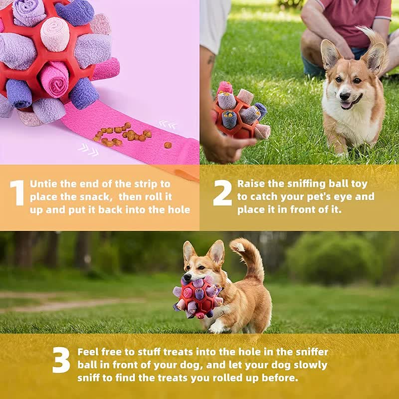 Yellow Ball And Colorful Strips Of Fabric Interactive Pet Snuffle Ball - Treat-Dispensing Toy for Dogs and Cats, 20 cm TPR and Felt Fabric for Mental Stimulation