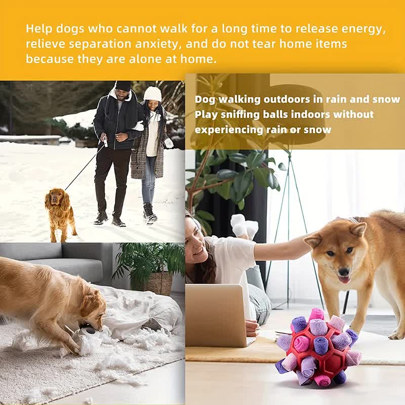 Yellow Ball And Colorful Strips Of Fabric Interactive Pet Snuffle Ball - Treat-Dispensing Toy for Dogs and Cats, 20 cm TPR and Felt Fabric for Mental Stimulation