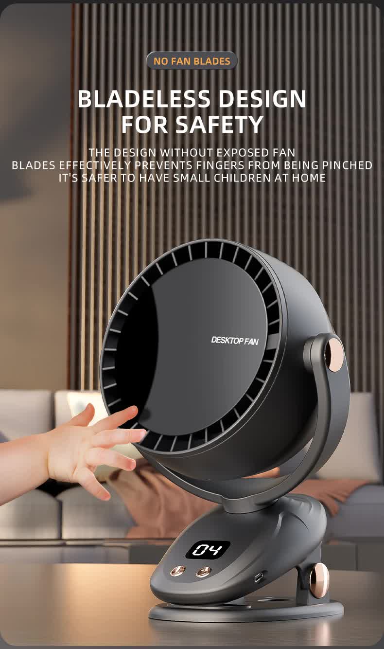 Black Portable Bladeless Clip Fan with USB Charging - 180-Degree Oscillating, Lightweight, and Quiet for Desk, Camping, and Outdoor Use